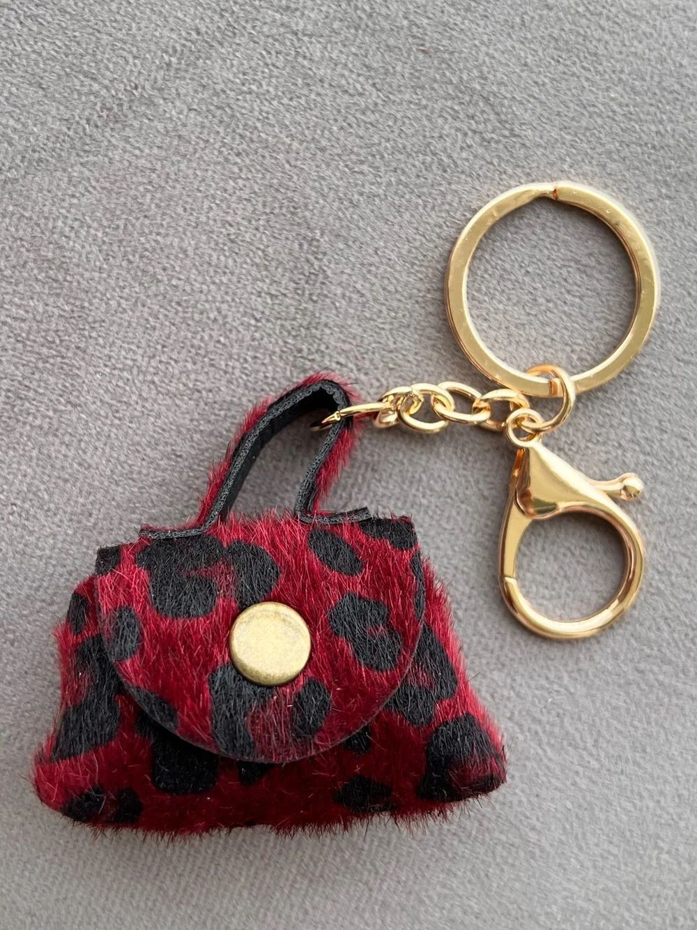 Red Leopard Faux Fur Mini Purse Keychain/Bag Charm with Gold Hardware